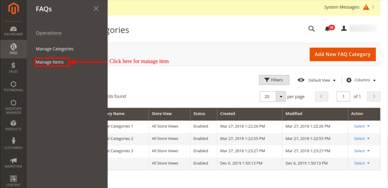 Advance FAQ - manage item submenu