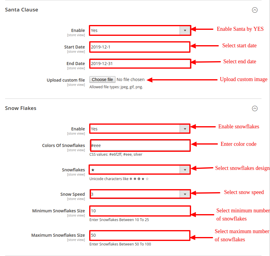 Christmas Snowfall Effects - change configuration settings