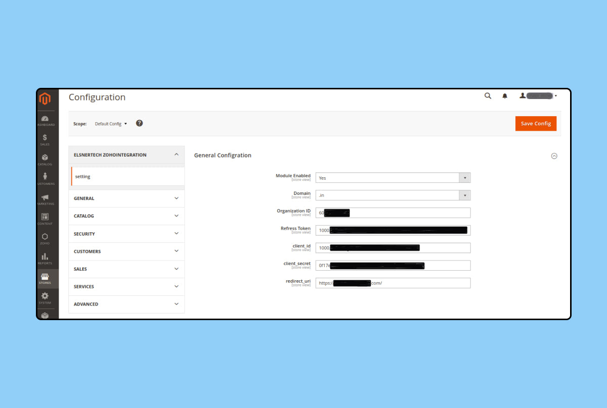 Zoho Inventory and Magento 2 Connector - change admin configuration setting