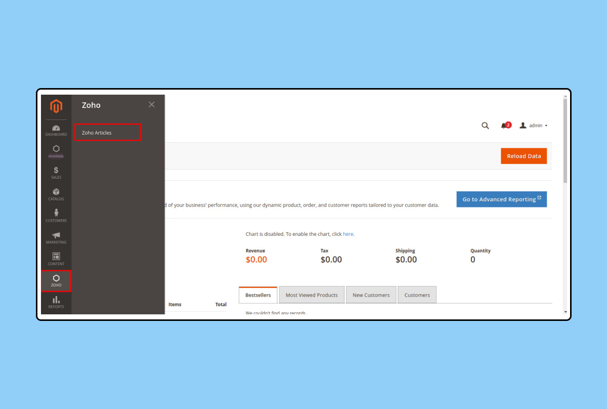 Zoho Inventory and Magento 2 Connector - zoho menu
